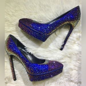 Ysl Janis Embellished Strass Crystal Swarovski Pumps Iridescent Blue 36.5
